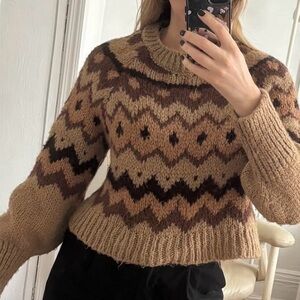 ZARA FAIR ISLE TAN/BROWN CARSON GEOMETRIC SWEATER size small